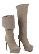 Rag Company stylish vacation boots in soft grey with fur cuffs and high heels for trendy looks