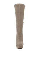 Rag Company stylish vacation boots in taupe suede with a chic platform and frill detail