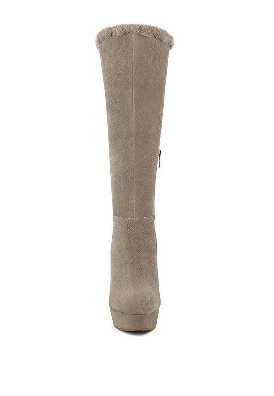 Rag Company stylish vacation boots in taupe suede with a chic platform and frill detail