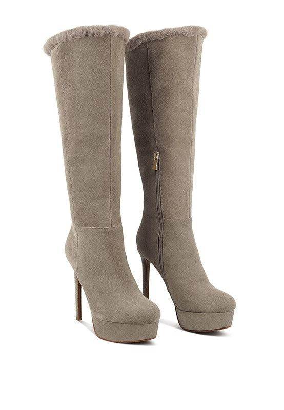 Rag Company stylish vacation boots in taupe with platform heels and fur trim for chic outings