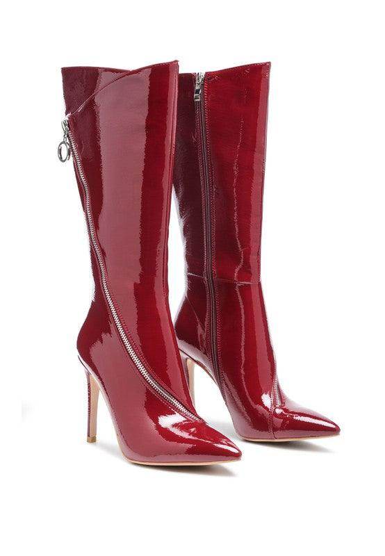 Rag Company stylish vacation boots in glossy red with pointed toes and zippers for striking summer looks