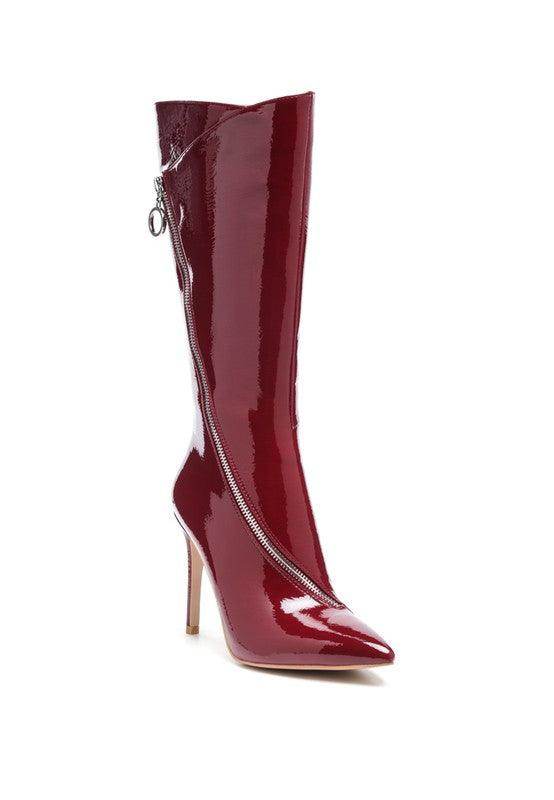 Glossy red Rag Company stylish vacation boots with a pointed toe and high stiletto heel