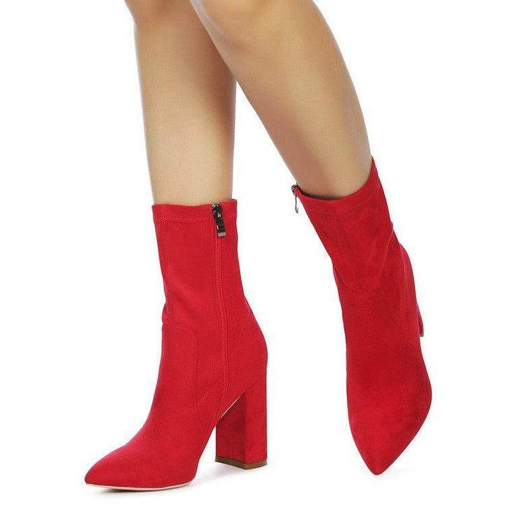 Stylish vacation boots by Rag Company in red suede with a pointed toe and block heel