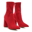 Rag Company stylish vacation boots in bright red with a pointed toe and high block heel
