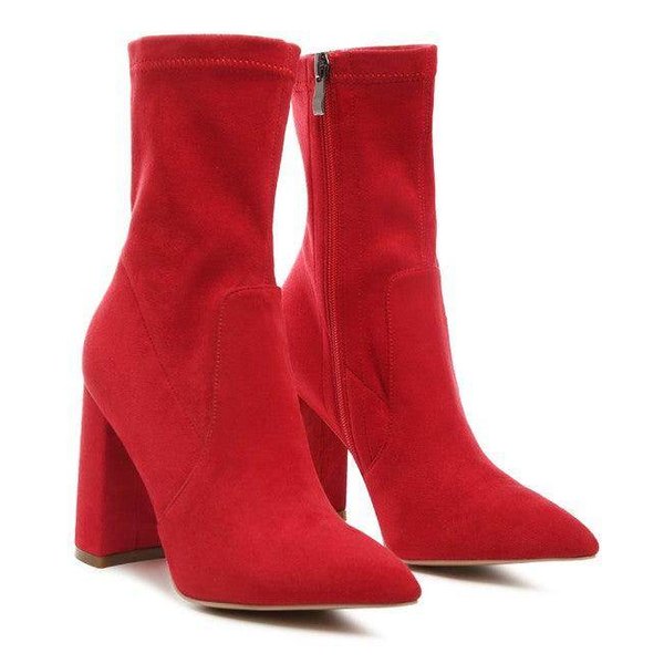 Rag Company stylish vacation boots in bright red with a pointed toe and high block heel
