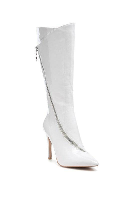 Rag Company stylish vacation boots in glossy white with a high heel and sleek zip detail