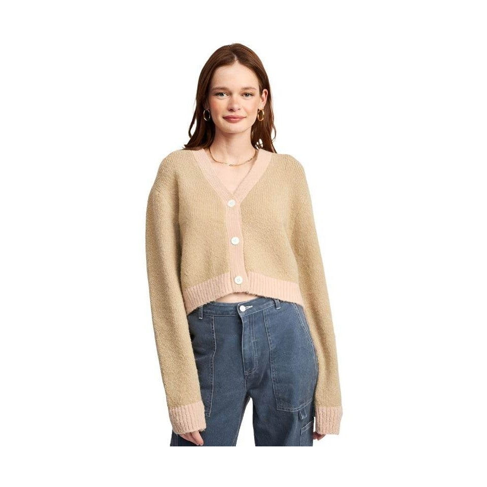 Emory Park stylish vacation cardigan in beige with pink ribbed trim and button front design