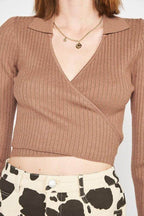 Emory Park stylish vacation crop top in ribbed brown fabric with a flattering wrap design