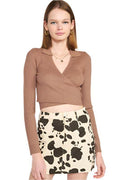 Emory Park stylish vacation crop top in brown ribbed fabric paired with a printed skirt