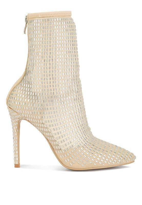 Rag Company stylish vacation footwear, chic beige mesh ankle boots with stiletto heels