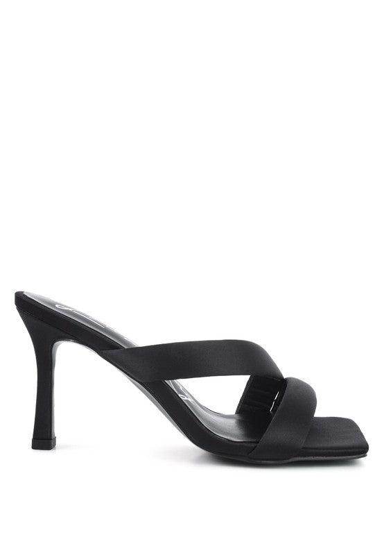 Rag Company stylish vacation heels in black with cross strap design and stiletto heel