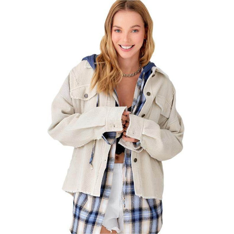 La Miel stylish vacation jacket in beige with a cozy hood, perfect for trendy looks