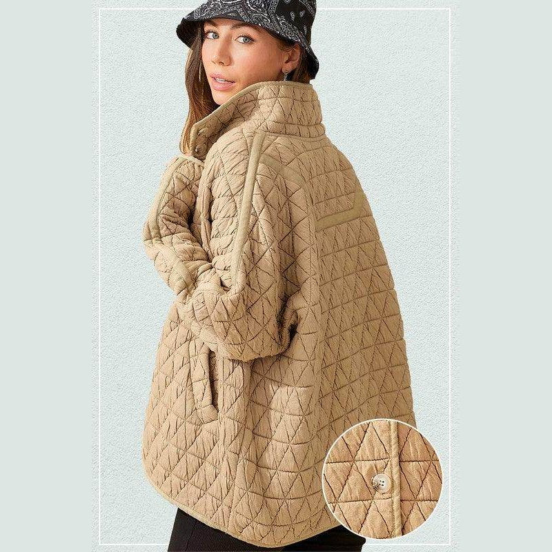 La Miel stylish vacation jackets in tan featuring a quilted design and high collar for added warmth