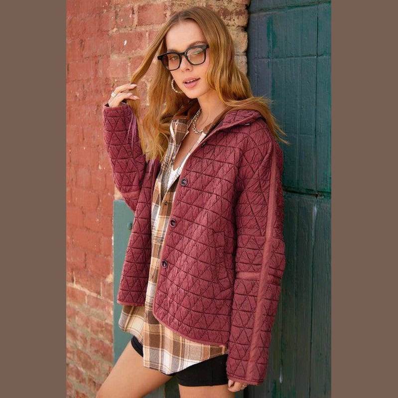La Miel stylish vacation jackets in maroon with diamond quilting and a relaxed fit for casual outings