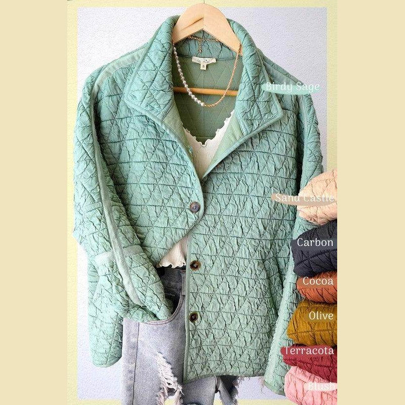 La Miel Birdy Sage Quilted Women's Stylish Vacation Jackets with Button Closure and Oversized Fit