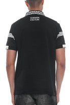 WEIV stylish vacation polo shirt in black with unique patterned collar and sleeves for a fashionable look