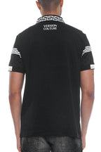 WEIV stylish vacation polo shirt in black with unique patterned collar and sleeves for a fashionable look