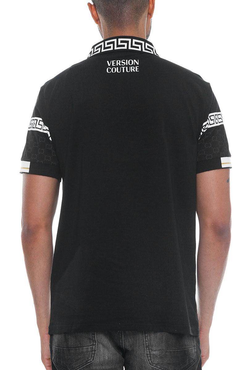 WEIV stylish vacation polo shirt in black with unique patterned collar and sleeves for a fashionable look