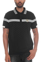 Men's WEIV stylish vacation polo shirt in black with patterned design and decorative details