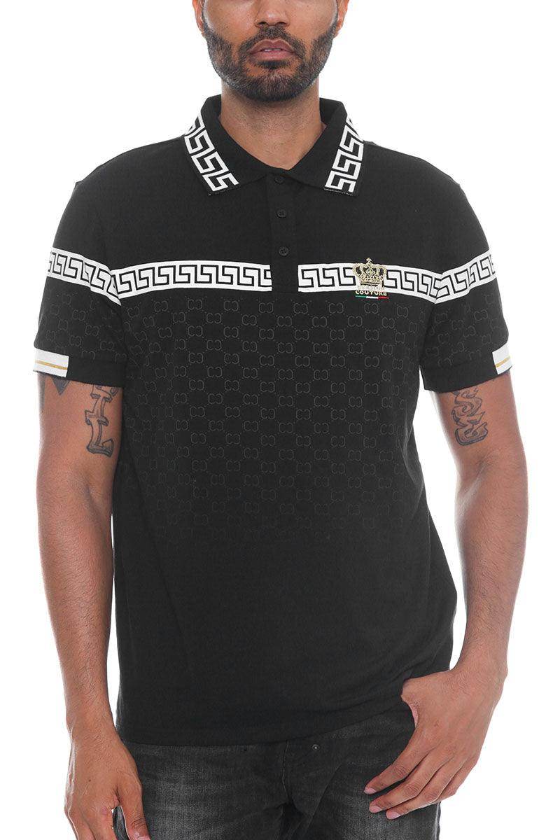 Men's WEIV stylish vacation polo shirt in black with patterned design and decorative details