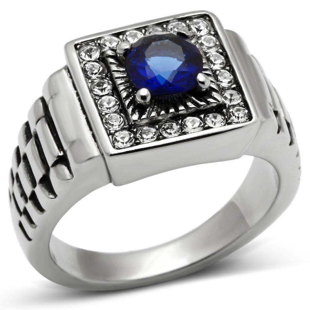 Stylish vacation rings for men featuring a blue stone and sparkling accents in a sleek design