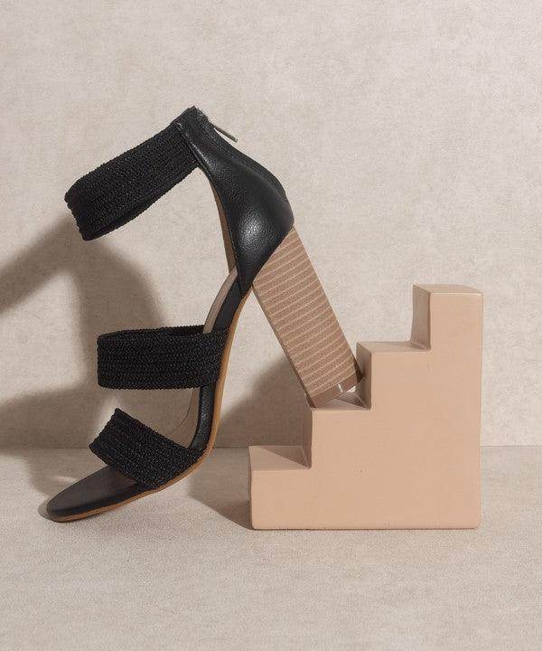 Oasis Society stylish vacation sandals with a black strappy design and unique block heel