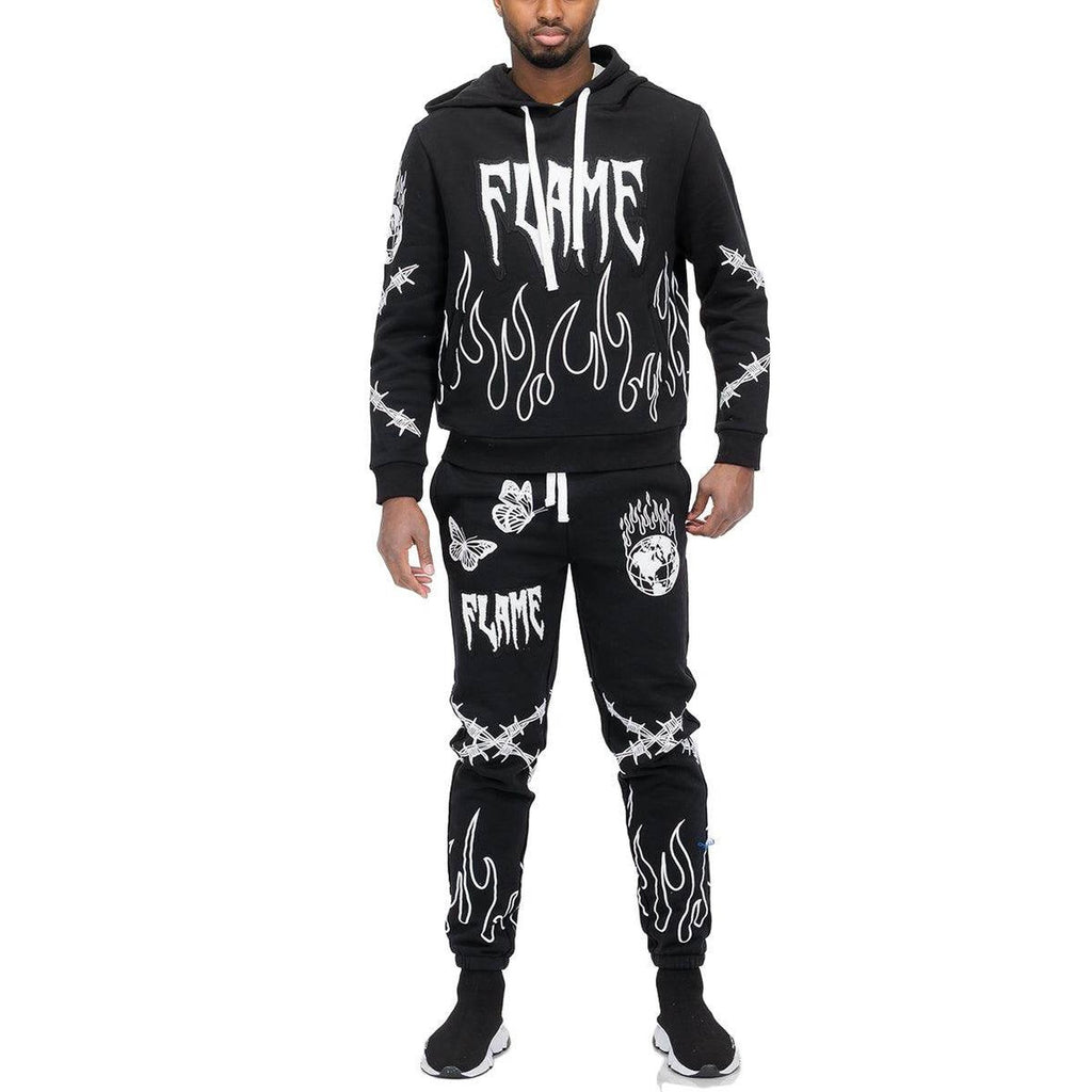 Men's 2PC Track Set by WEIV in Black featuring stylish vacation sweat suit with flame graphics