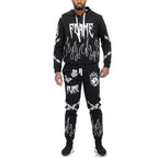 Men's 2PC Track Set by WEIV in Black featuring stylish vacation sweat suit with flame graphics