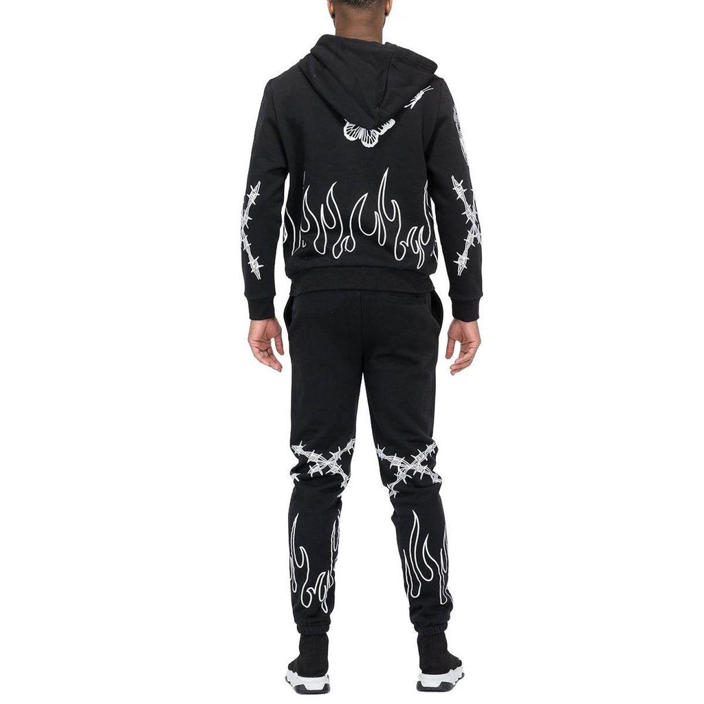 Men's 2PC Track Set by WEIV in black, featuring stylish vacation sweat suit design with flame details