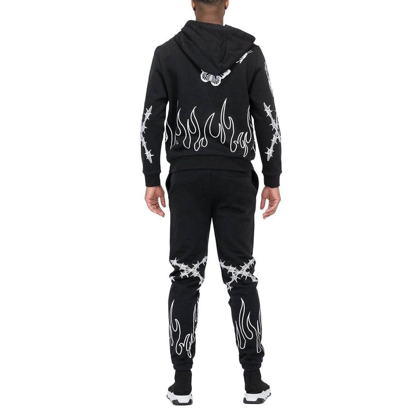 Men's 2PC Track Set by WEIV in black, featuring stylish vacation sweat suit design with flame details