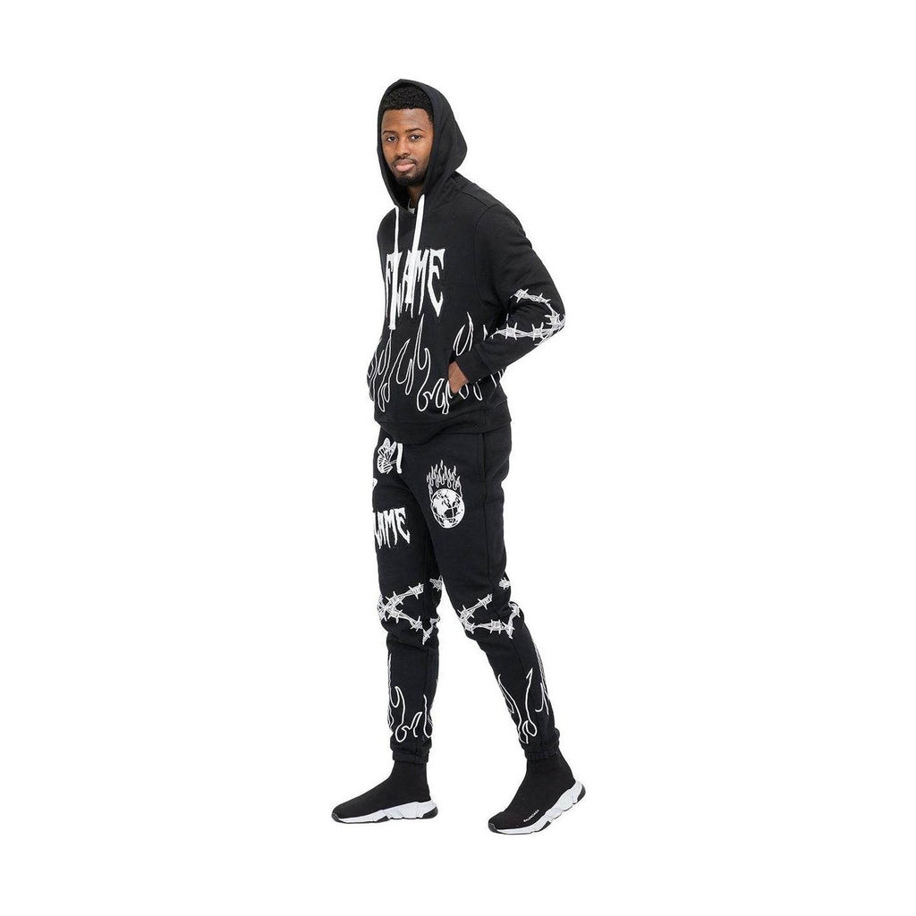 Men's 2PC Track Set by WEIV in black featuring stylish vacation sweat suit design with flames and hoodie
