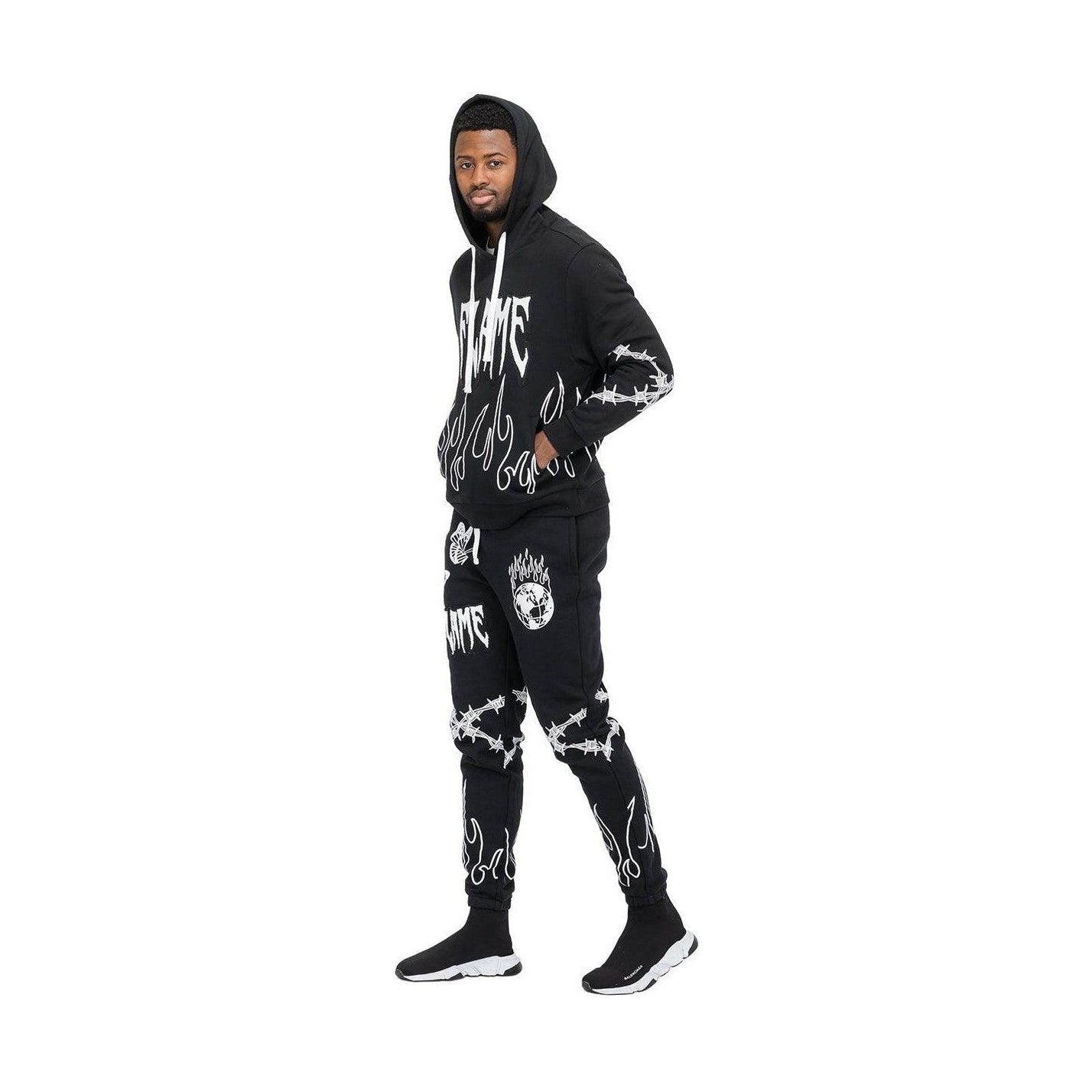 Men's 2PC Track Set by WEIV in black featuring stylish vacation sweat suit design with flames and hoodie