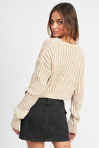 Emory Park stylish vacation sweater in beige ribbed knit with a cropped design and relaxed fit