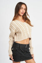 Emory Park stylish vacation sweater in beige with cable knit design and cropped fit for trendy outfits