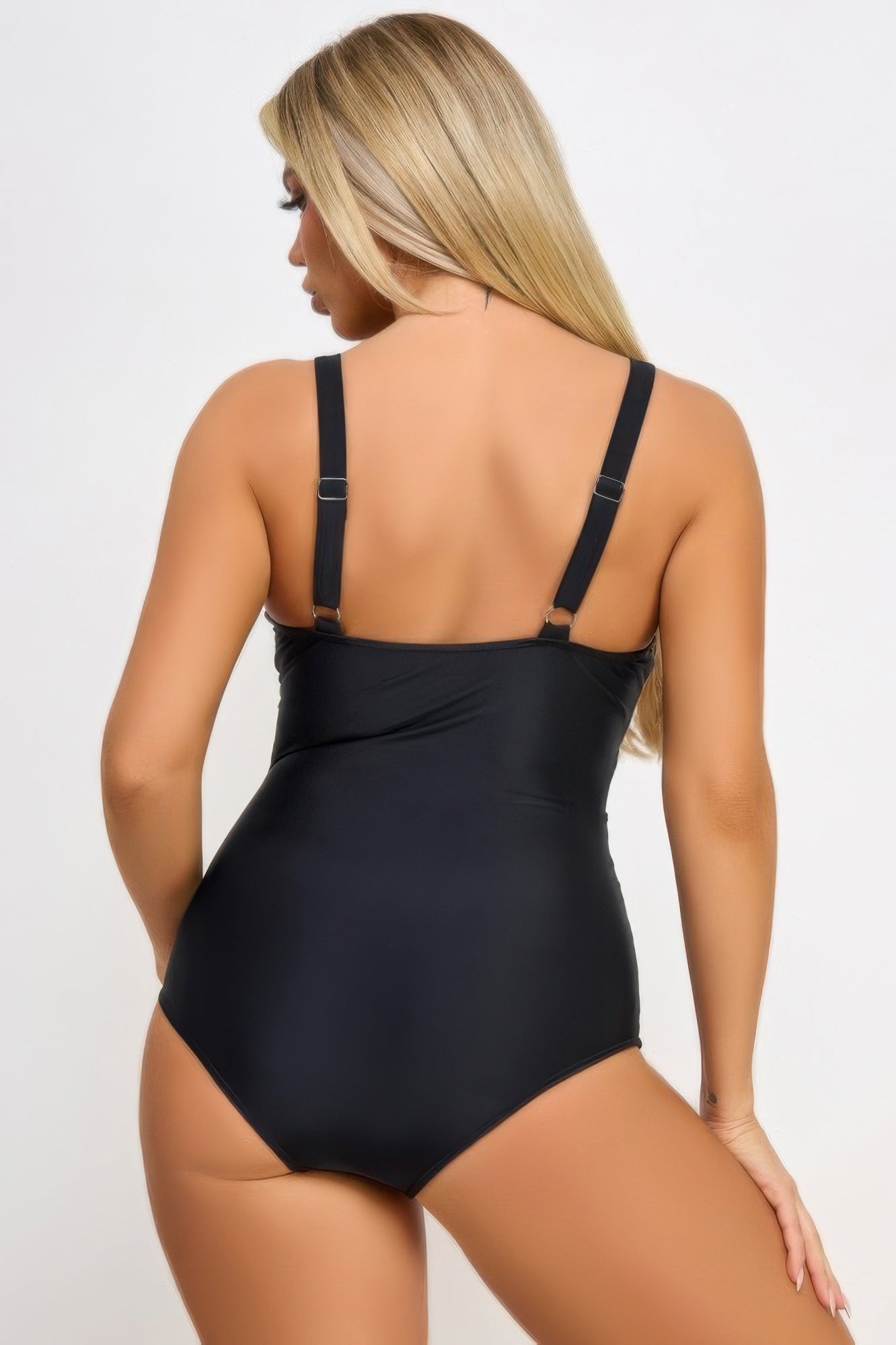 Black one-piece stylish vacation swimwear for women with adjustable straps for a perfect fit