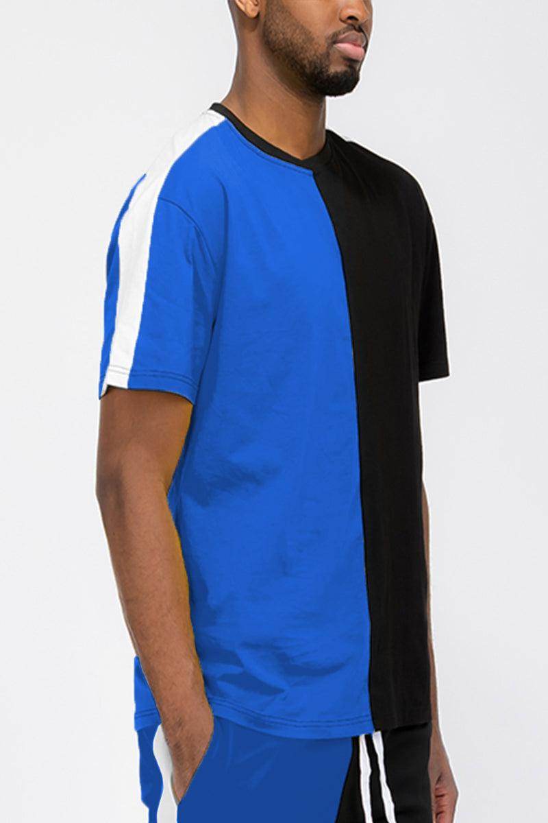 WEIV men's stylish vacation t-shirt in blue and black with a trendy color block design