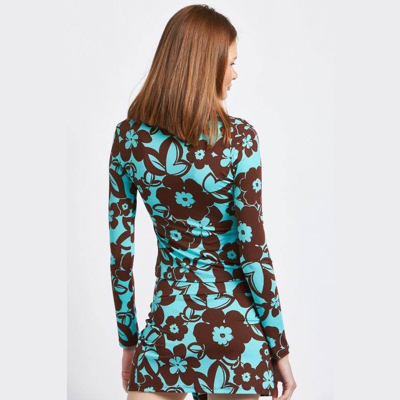 Emory Park Women's Long Sleeve Floral Shirt in Brown and Aqua, a stylish vacation top for warm weather