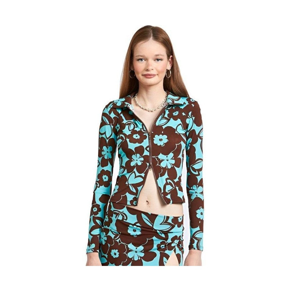 Emory Park women's stylish vacation top featuring a brown and teal floral pattern with a zip front