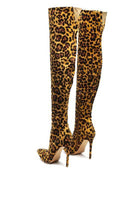 Rag Company stylish vegan leather footwear in leopard print knee-high boots with a stiletto heel