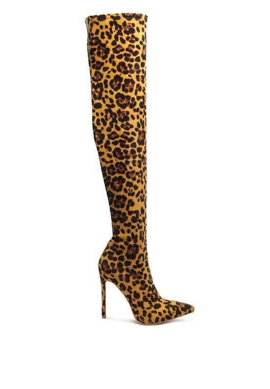Rag Company stylish vegan leather footwear in leopard print over-the-knee boots with high heels