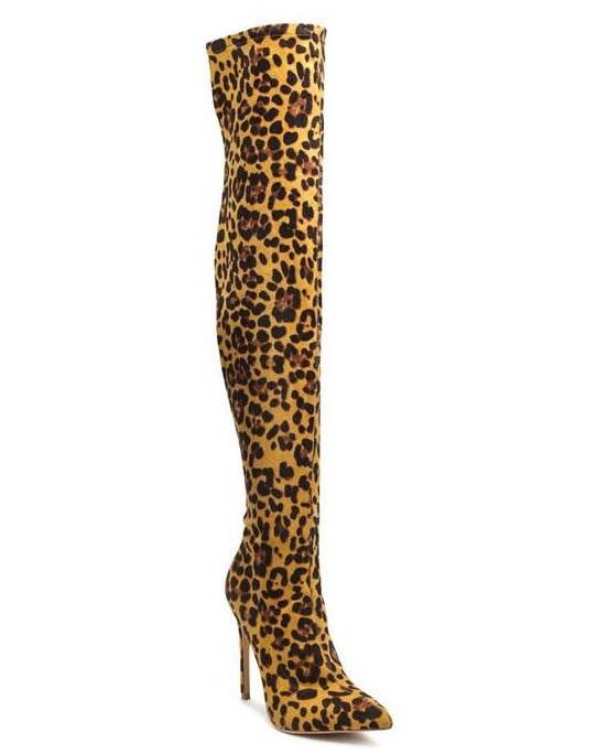 Rag Company stylish vegan leather footwear in leopard print thigh-high boots with stiletto heels