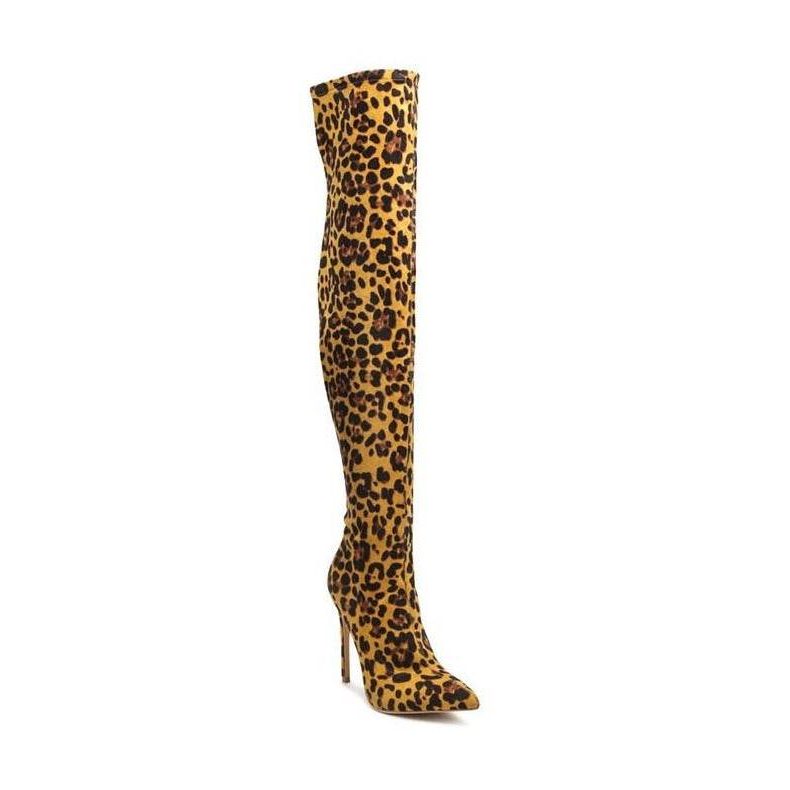 Rag Company stylish vegan leather footwear in leopard print thigh-high boots with stiletto heels