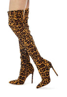 Rag Company stylish vegan leather footwear, knee-high leopard print boots with stiletto heels