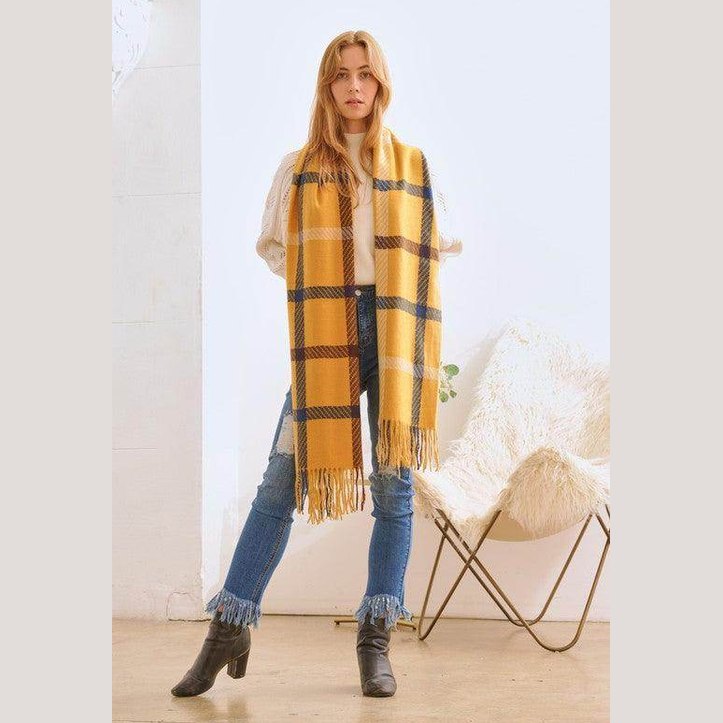 Bella Chic stylish winter scarf for vacations in yellow plaid design, perfect for cozy outings