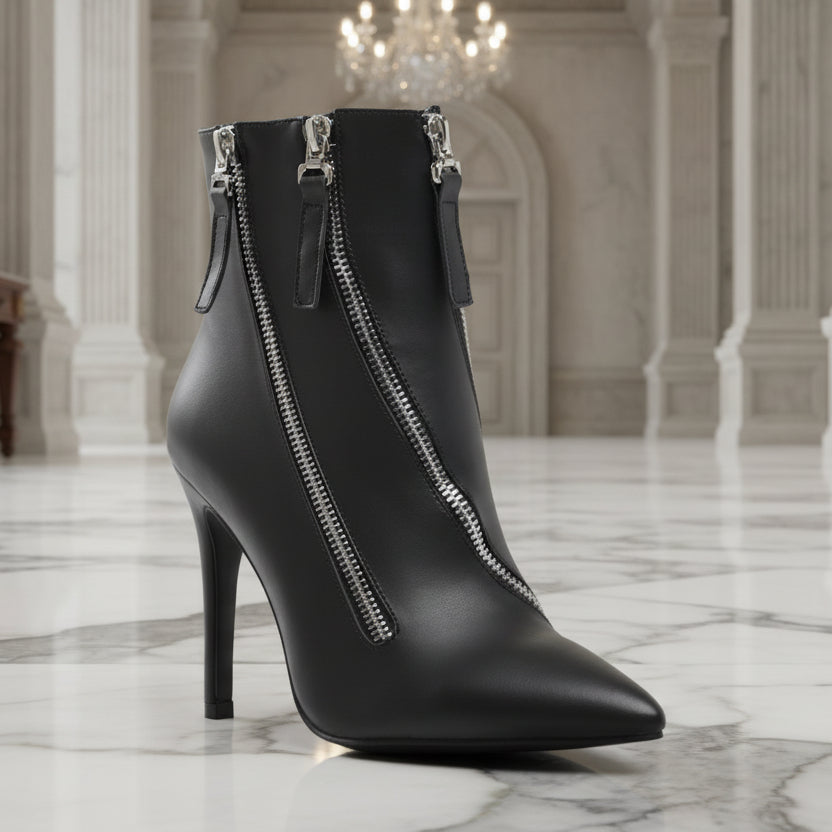 Rag Company stylish zipper ankle boots in black leather with pointed toe and high heels
