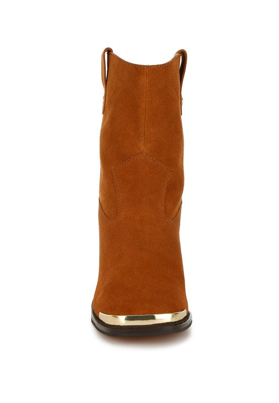 Rag Company suede square toe ankle boots in brown with a stylish metallic accent at the toe