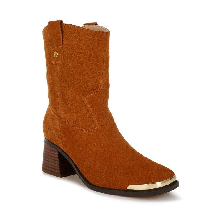 Rag Company suede square toe ankle boots in brown with a stylish gold toe cap and a block heel