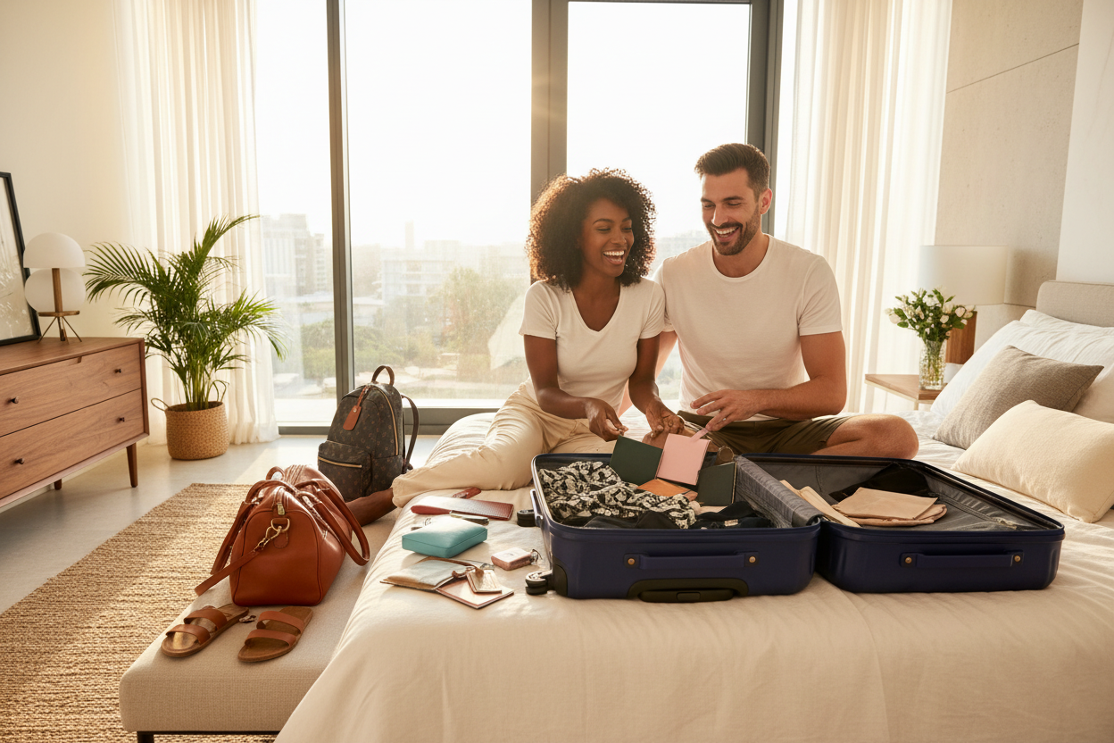 A man and a woman sitting on a bed packing an open navy blue suitcase in a bright, modern bedroom. Their bags, passport, and travel documents are spread out on the bed and floor beside them.