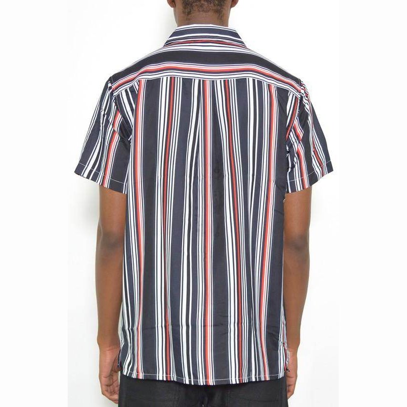 WEIV summer beach button up shirt featuring colorful vertical stripes on a short-sleeve design