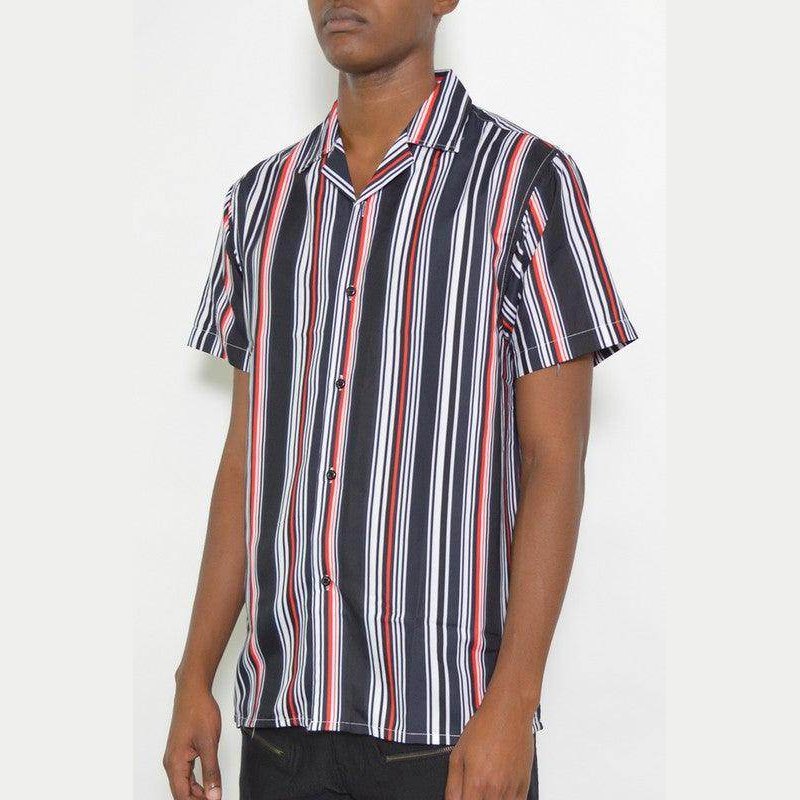 Men's WEIV summer beach button up shirt featuring bold vertical stripes in black and red
